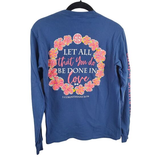 Simply Southern Long Sleeve Top Small Womens Blue Crew Neck Logo Casual Top - Picture 1 of 5